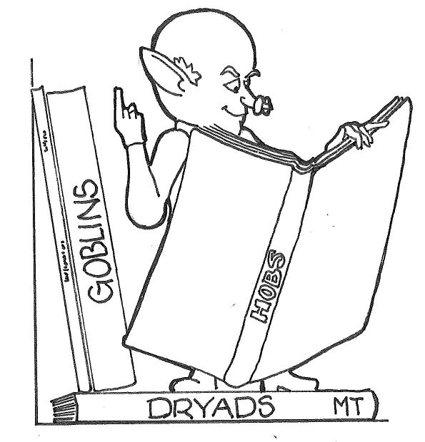 A line drawing of a goblin reading a book while standing beside and on top of more books.