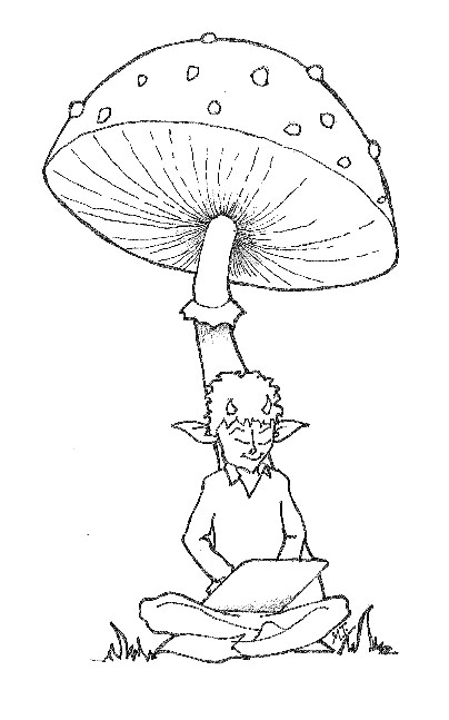 A line drawing of a goblin leaning on a mushroom.