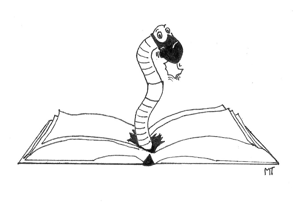 A line drawing of a worm poking its head out of an open book.