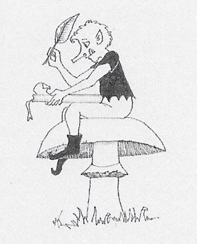 A line drawing of a man sitting on a mushroom and writing with a quill pen.