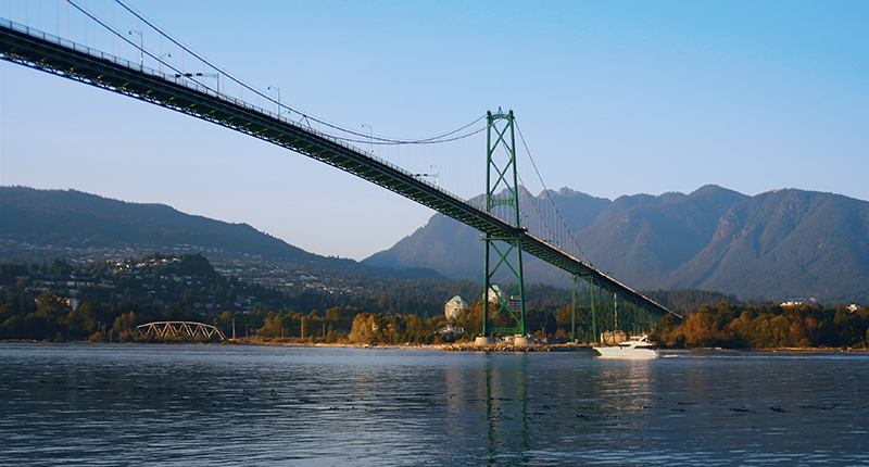 The Lion's Gate Bridge and a view of North Vancouver from Stanley Park.